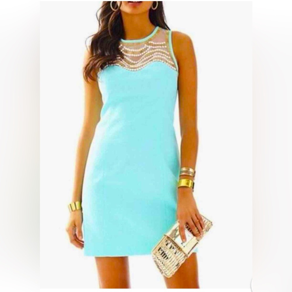NWOT Lilly Pulitzer Pool Blue Tia Shift Dress with Sequin and Beads Size 6